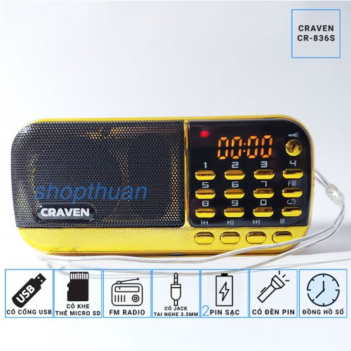 Loa Craven CR-836s 2 Pin – Có Đèn Pin Nghe Thẻ Nhớ USB
