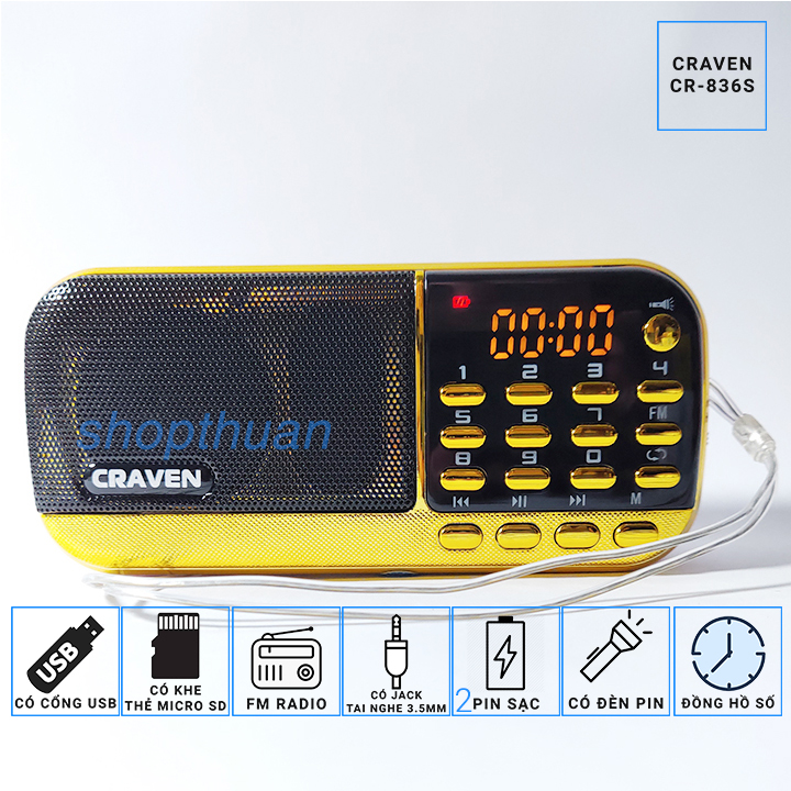 loa CRAVEN CR-836S - 2 pin Loa Craven CR-836s 2 Pin – Có Đèn Pin Nghe Thẻ Nhớ USB