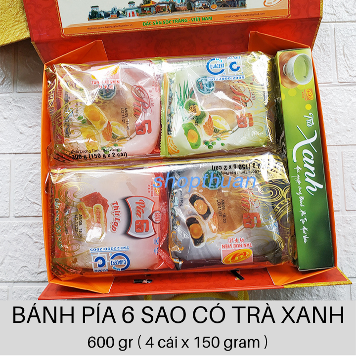 10 banh pia kim sa 6 sao co tra xanh Bánh Pía 6 Sao Có Hộp Trà Xanh - 600 gr ( 4 cái x 150 gr)