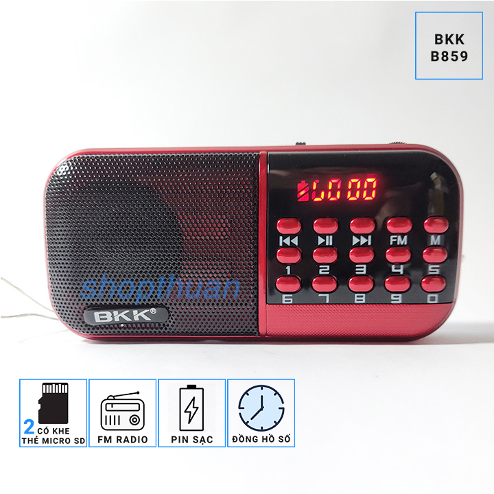 1 loa BKK B859 1 - 2 pin 2 the nho Loa BKK B859 Có 2 Pin Sạc - 2 Khe Thẻ Nhớ - Nghe FM Radio